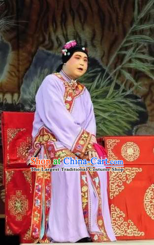 Chinese Beijing Opera Elderly Woman Apparels Costumes and Headdress The Mirror of Fortune Traditional Peking Opera Dame Purple Dress Garment