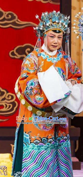 Chinese Beijing Opera Queen Apparels Costumes and Headdress Princess Yinping Traditional Peking Opera Elderly Female Dress Pantaloon Garment