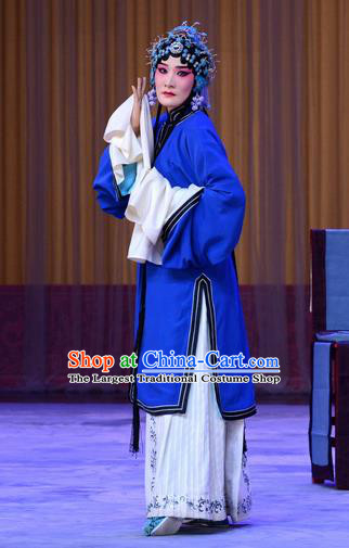 Chinese Beijing Opera Diva Apparels Costumes and Headdress Tears of Wasted Mountain Traditional Peking Opera Distress Maiden Zhang Huizhu Blue Dress Tsing Yi Garment