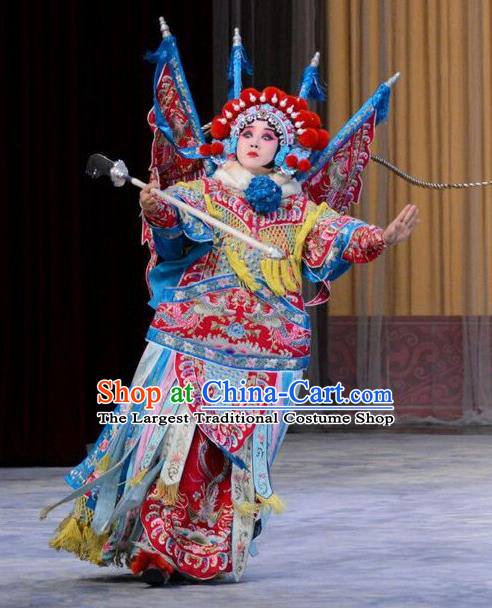 Chinese Beijing Opera Wudan Kao Armor Suit with Flags Zhang Yue E Apparels Costumes and Headdress Hong Tao Shan Traditional Peking Opera General Dress Garment