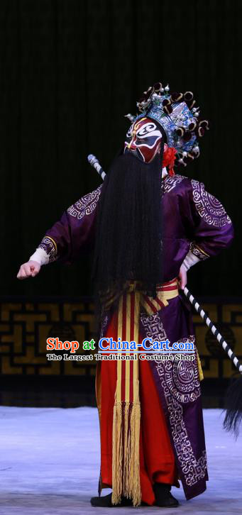 Hongqiao with the Pearl Chinese Peking Opera Martial Male Garment Costumes and Headwear Beijing Opera Wusheng Apparels Swordsman Purple Clothing
