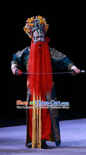 Kirin Pavilion Chinese Peking Opera Wusheng Martial Male Garment Costumes and Headwear Beijing Opera Apparels Swordsman Blue Clothing