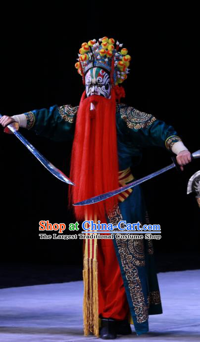 Hongqiao with the Pearl Chinese Peking Opera Wusheng Martial Male Garment Costumes and Headwear Beijing Opera Apparels Swordsman Blue Clothing