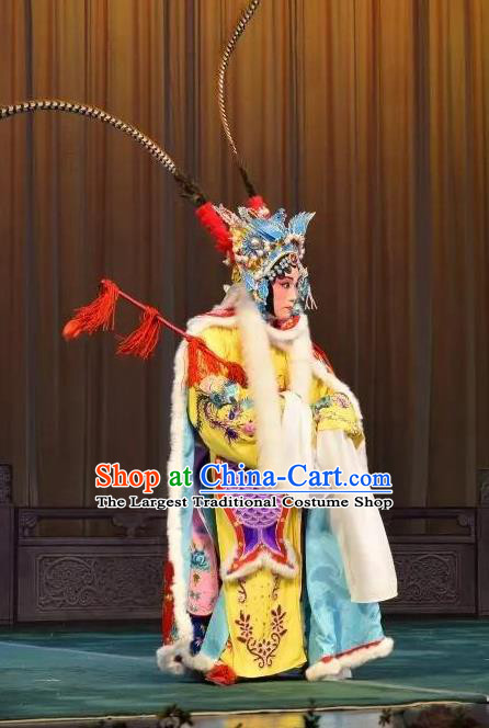 Chinese Beijing Opera Female Swordsman Apparels Costumes and Headdress Han Ming Fei Traditional Peking Opera Blues Dress Diva Wang Zhaojun Garment