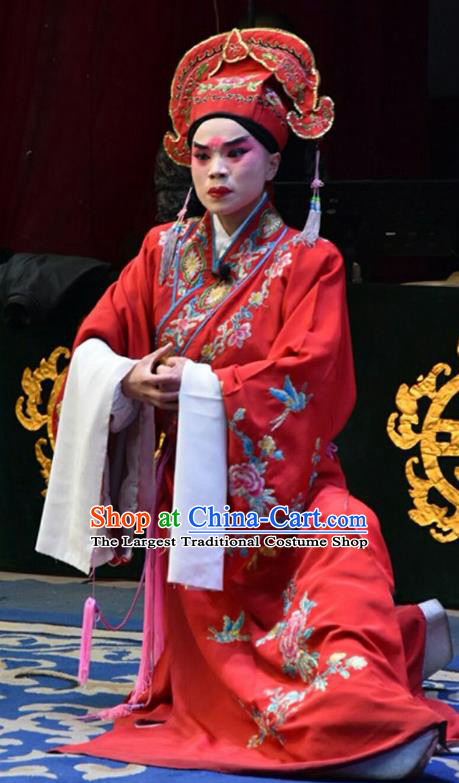 Wo Hu Ling Chinese Shanxi Opera Xiaosheng Apparels Costumes and Headpieces Traditional Jin Opera Scholar Gentleman Niche Red Robe Clothing