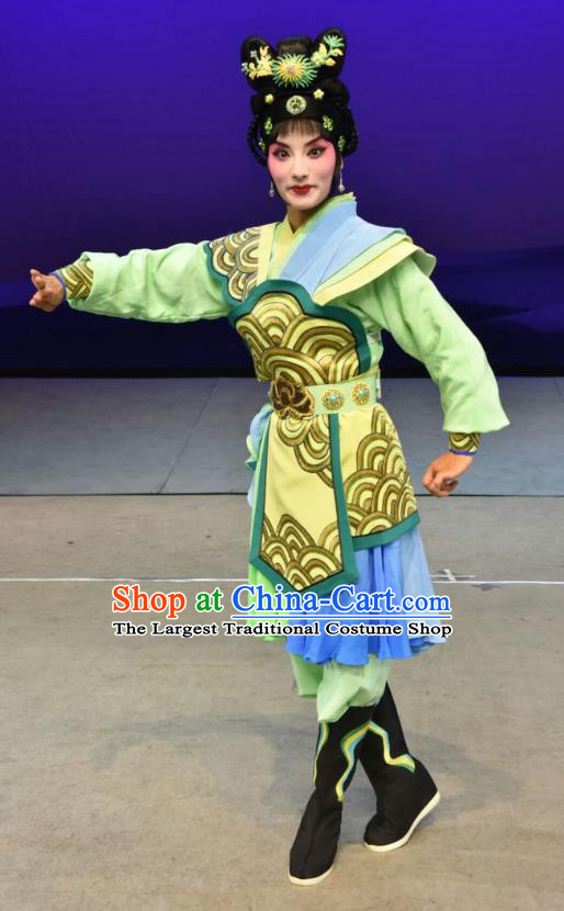 Chinese Jin Opera Female Soldier Green Garment Costumes and Headdress Xiong Guan Niang Zi Traditional Shanxi Opera Wudan Dress Swordswoman Apparels