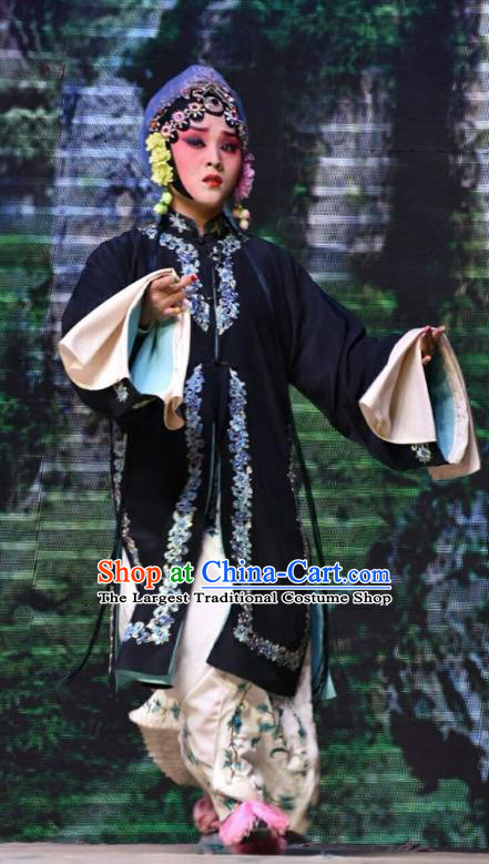 Chinese Jin Opera Distress Maiden Garment Costumes and Headdress Fifteen Strings of Cash Traditional Shanxi Opera Young Lady Dress Village Girl Su Wujuan Apparels