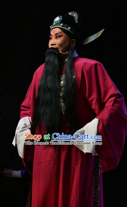 Fifteen Strings of Cash Chinese Shanxi Opera Laosheng Apparels Costumes and Headpieces Traditional Jin Opera Elderly Male Garment Red Official Clothing