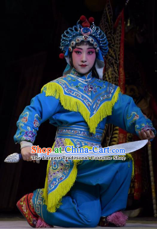 Chinese Jin Opera Wudan Blue Garment Costumes and Headdress San Guan Dian Shuai Traditional Shanxi Opera Female Swordsman Dress Martial Woman Apparels