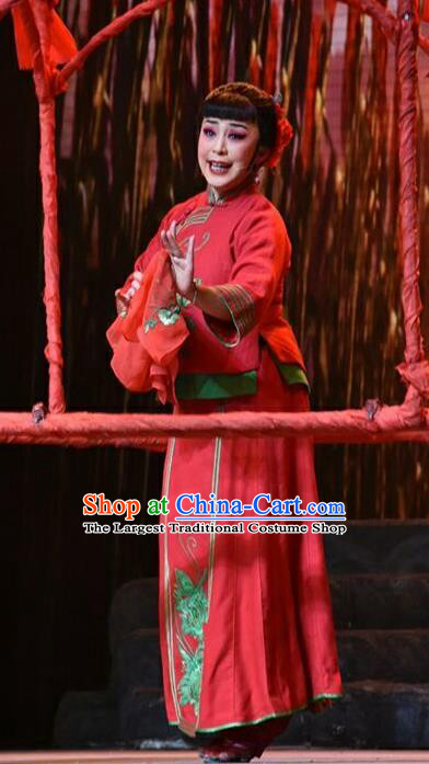Chinese Jin Opera Bride Red Garment Costumes and Headdress The Red Sorghum Traditional Shanxi Opera Actress Jiu Er Apparels Village Girl Dress
