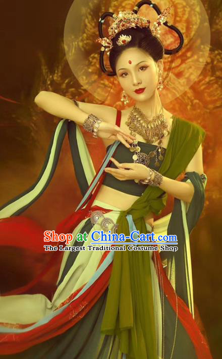 Chinese Traditional Tang Dynasty Court Lady Historical Costumes Ancient Dunhuang Flying Apsaras Dance Hanfu Dress Apparels and Headdress Complete Set