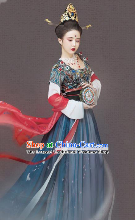 Chinese Drama Ancient Dunhuang Apsaras Hanfu Dress Apparels Traditional Tang Dynasty Dance Lady Historical Costumes and Headwear Complete Set