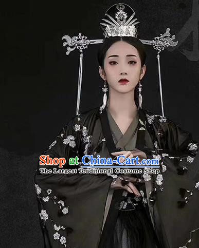 Chinese Ancient Royal Princess Black Dress Traditional Historical Drama Hanfu Apparels Han Dynasty Imperial Concubine Replica Costumes and Headdress Complete Set