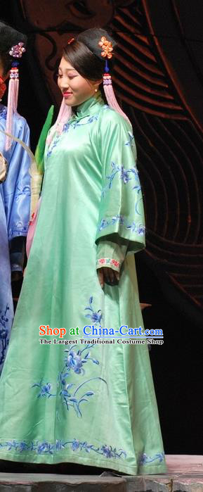 Chinese Beijing Opera Qing Dynasty Female Garment Costumes and Headdress Under the Red Banner Traditional Qu Opera Actress Apparels Young Woman Green Dress