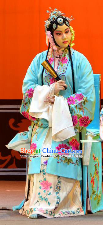 Chinese Han Opera Rich Lady Garment Huang Guiying Costumes and Headdress Traditional Hubei Hanchu Opera Hua Tan Apparels Young Beauty Blue Dress