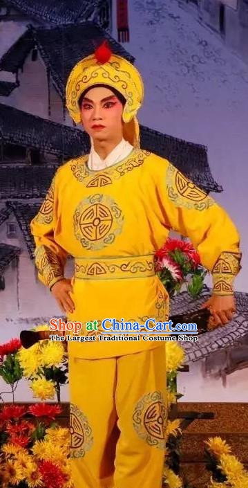 Hun Qian Zhu Ji Xiang Chinese Guangdong Opera Soldier Apparels Costumes and Headpieces Traditional Cantonese Opera Wusheng Garment Warrior Yellow Clothing