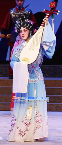Chinese Cantonese Opera Palace Lady Garment Zhaojun Frontier Song Costumes and Headdress Traditional Guangdong Opera Court Maid Apparels Xiaodan Blue Dress