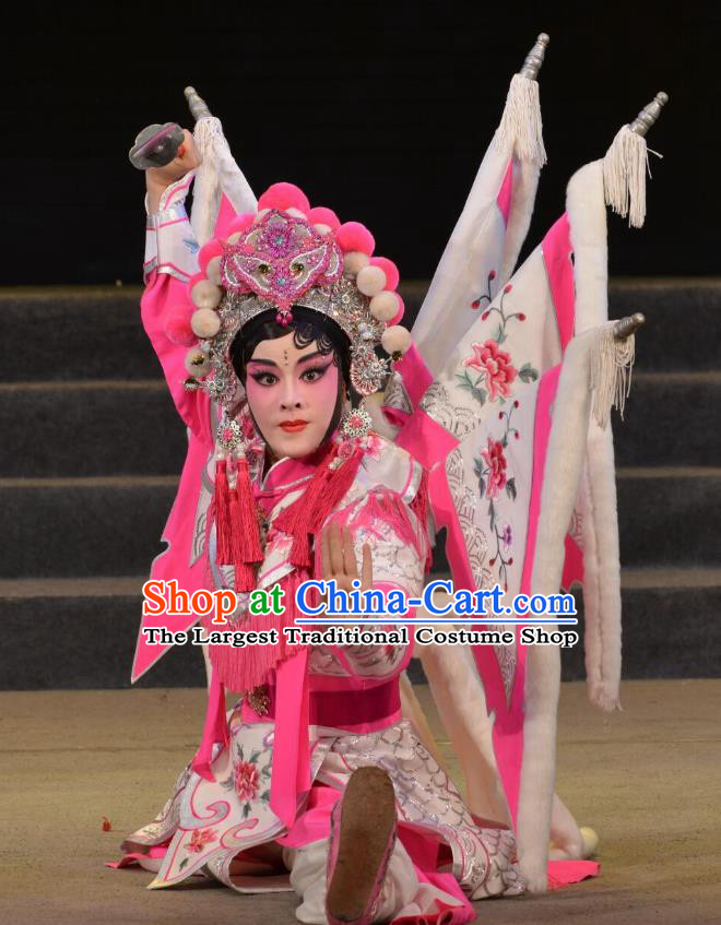 Chinese Cantonese Opera Tao Ma Tan Garment Legend of Er Lang Costumes and Headdress Traditional Guangdong Opera Mi Er Apparels Female General Dress with Flags
