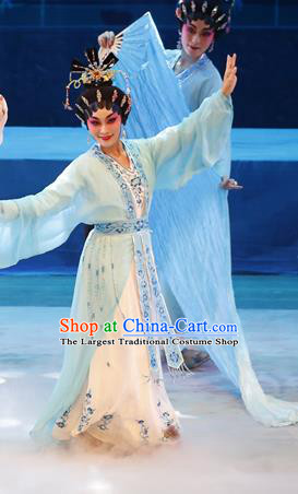 Chinese Cantonese Opera Xiaodan Garment Goddess Luo Costumes and Headdress Traditional Guangdong Opera Young Beauty Apparels Actress Blue Dress
