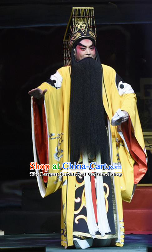 King of Qin Meng Jiang Chinese Guangdong Opera Monarch Apparels Costumes and Headwear Traditional Cantonese Opera Elderly Male Garment First Emperor Clothing