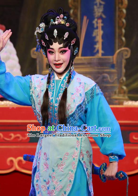 Chinese Cantonese Opera Martial Female Garment San Kan Yu Mei Costumes and Headdress Traditional Guangdong Opera Swordswoman Apparels Wudan Liu Jinding Dress