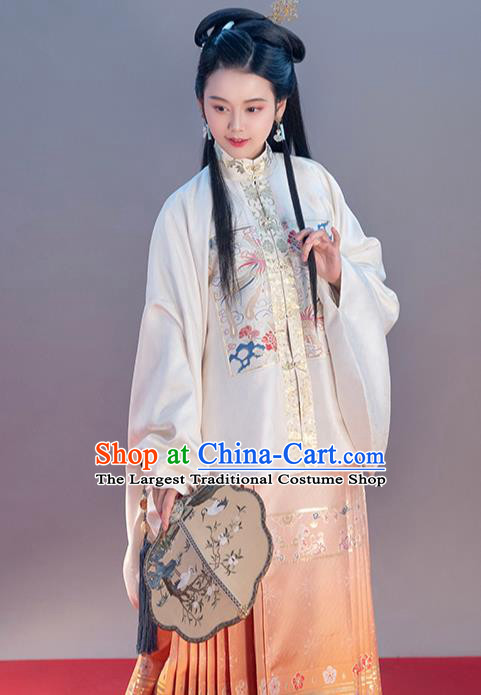 Chinese Traditional Ming Dynasty Noble Female Apparels Ancient Patrician Lady Hanfu Dress Historical Costumes White Blouse and Orange Skirt Complete Set