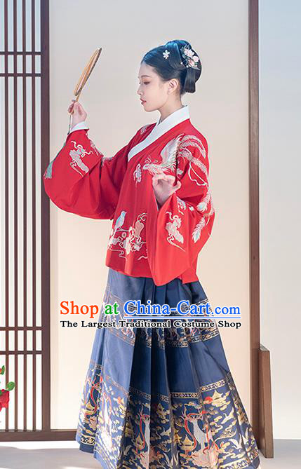 Chinese Traditional Ming Dynasty Patrician Lady Apparels Ancient Hanfu Dress Historical Costumes Red Blouse and Navy Blue Skirt Complete Set