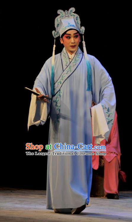 Lou Tai Hui Chinese Guangdong Opera Liang Shanbo Apparels Costumes and Headwear Traditional Cantonese Opera Young Male Garment Scholar Blue Robe Clothing