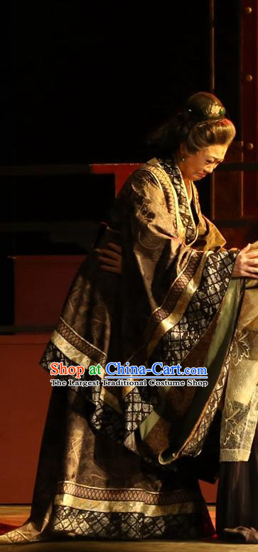 Chinese Historical Drama King of Nanyue Ancient Noble Dame Garment Costumes Traditional Stage Show Elderly Female Dress Han Dynasty Dowager Countess Apparels and Headpieces