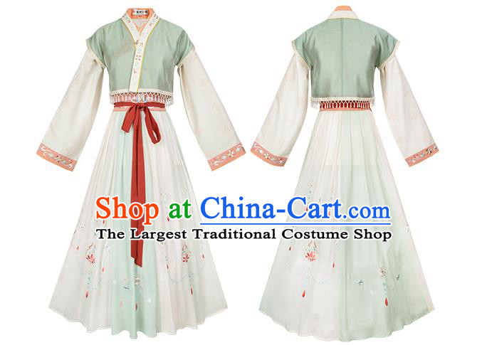 Top Chinese Traditional Tang Dynasty Young Lady Hanfu Apparels Ancient Village Girl Historical Costumes Half Sleeved Garment Blouse and Skirt Full Set