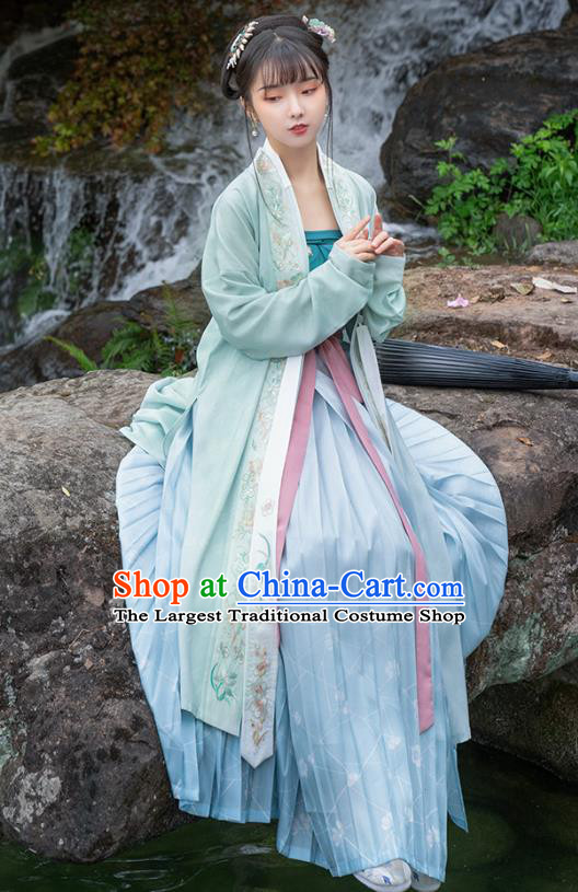 Traditional Chinese Song Dynasty Young Lady Hanfu Dress Apparels Ancient Village Girl Embroidered Long BeiZi and Skirt Historical Costumes Full Set