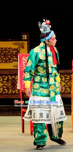 Bai Shou Tu Chinese Sichuan Opera Clown Apparels Costumes and Headpieces Peking Opera Highlights Wusheng Garment Figurant Green Clothing