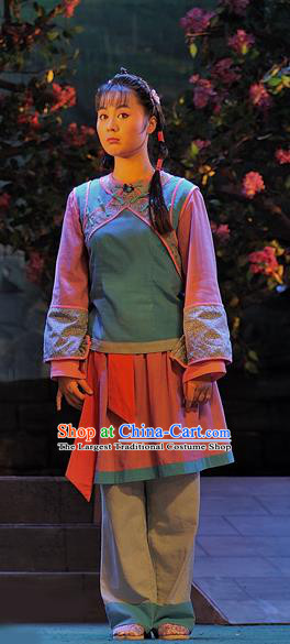 Chinese Sichuan Highlights Opera Village Girl Yu Yang Garment Costumes and Headdress Gua Yin Zhi Xian Traditional Peking Opera Xiaodan Dress Young Lady Apparels