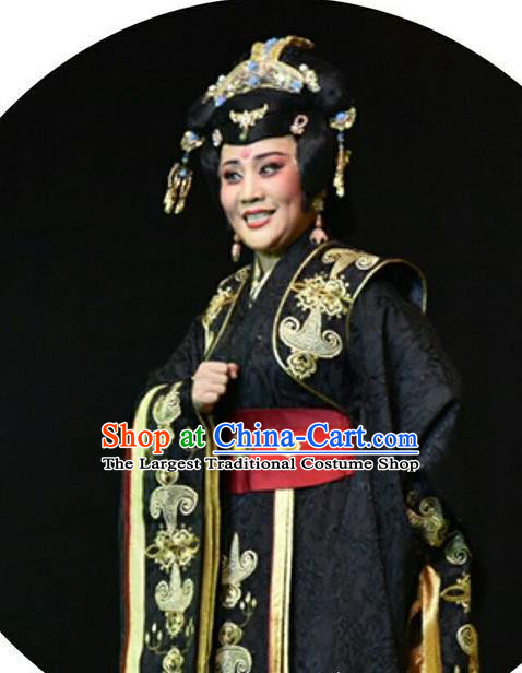 Chinese Shanxi Clapper Opera Queen Feng Yan Garment Costumes and Headdress Ping Cheng Fu Traditional Bangzi Opera Actress Black Dress Diva Apparels