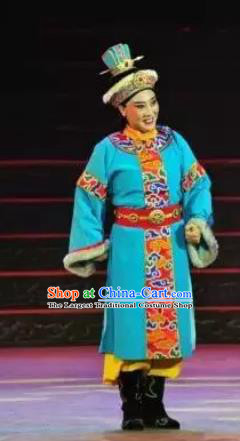 Ping Cheng Fu Chinese Bangzi Opera Niche Blue Apparels Costumes and Headpieces Traditional Shanxi Clapper Opera Crown Prince Garment Xiaosheng Clothing
