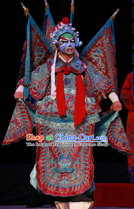 Pan Yang Song Chinese Bangzi Opera Jing Role Apparels Costumes and Headpieces Traditional Shanxi Clapper Opera Painted Role Garment General Red Armor Clothing with Flags