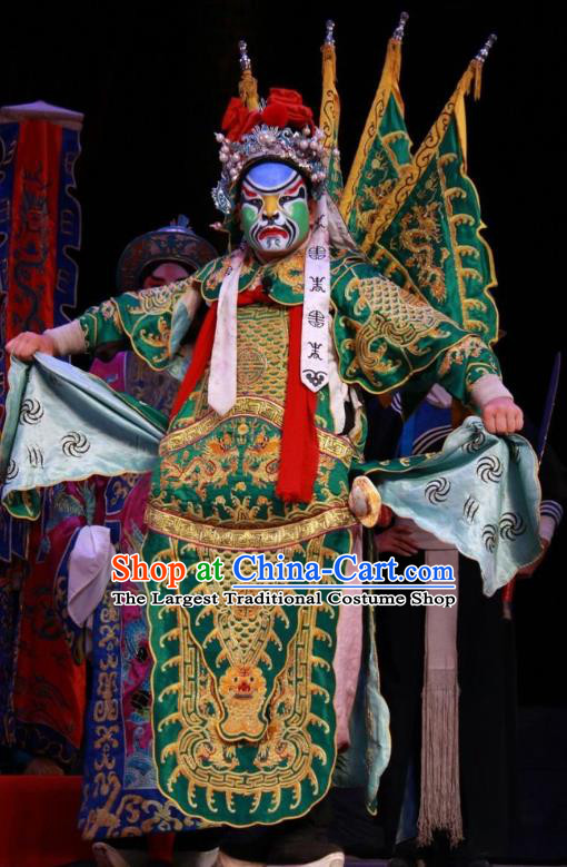 Pan Yang Song Chinese Bangzi Opera Military Commander Apparels Costumes and Headpieces Traditional Shanxi Clapper Opera Painted Role Garment General Green Armor Clothing with Flags