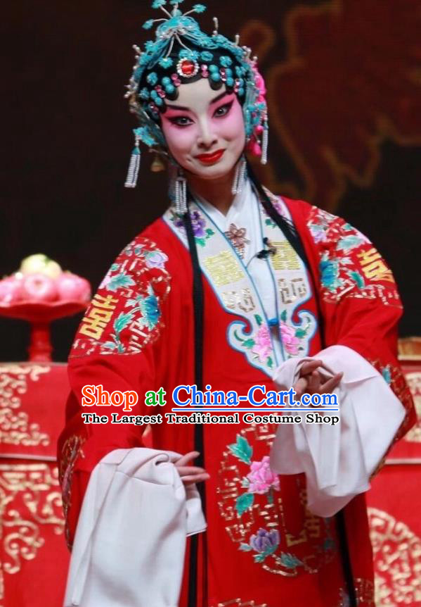 Chinese Shanxi Clapper Opera Diva Mu Guiying Garment Costumes and Headdress Women General of Yang Family Traditional Bangzi Opera Young Mistress Red Dress Hua Tan Apparels