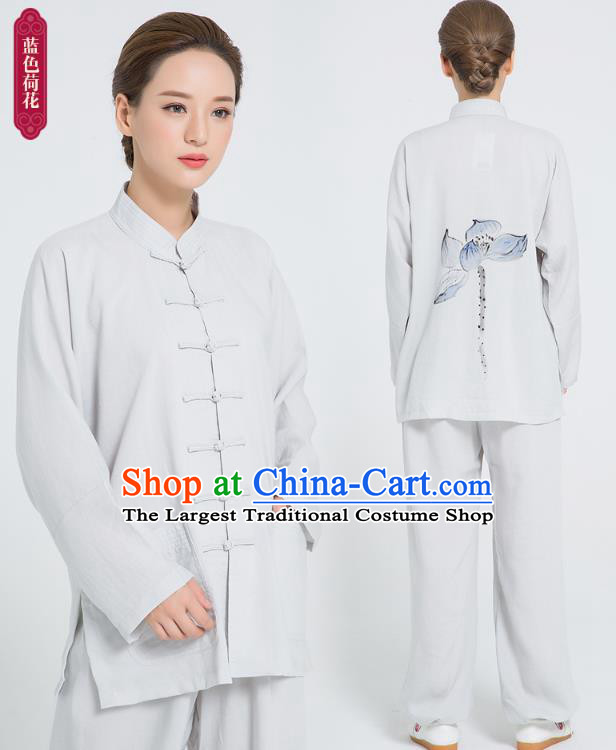 Professional Chinese Hand Painting Lotus Tai Chi Gray Flax Blouse and Pants Outfits Martial Arts Shaolin Gongfu Costumes Kung Fu Training Garment for Women