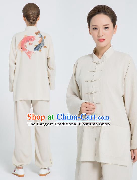Professional Chinese Hand Painting Carps Tai Chi Beige Flax Blouse and Pants Outfits Martial Arts Shaolin Gongfu Costumes Kung Fu Training Garment for Women