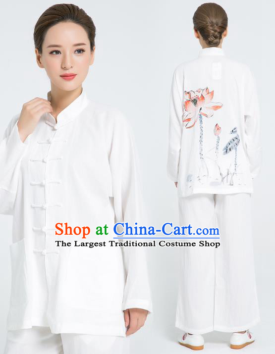 Professional Chinese Hand Painting Lotus Tai Chi White Flax Blouse and Pants Outfits Martial Arts Shaolin Gongfu Costumes Kung Fu Training Garment for Women