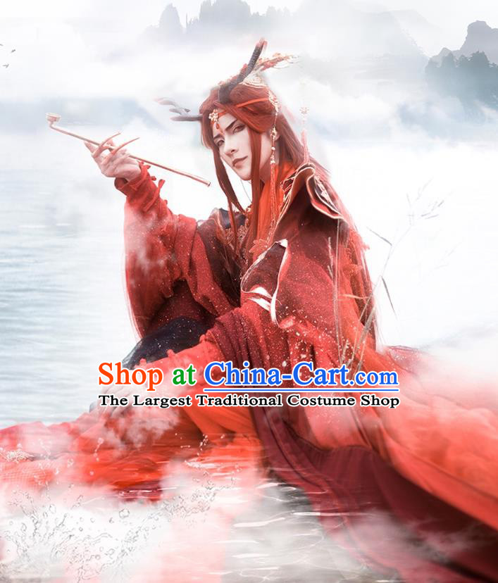 Top Chinese Cosplay Dragon King Dan Zhu Costume Ancient Swordsman Dongfang Bubai Red Clothing for Men
