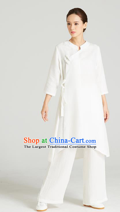 Professional Chinese Wudang Tai Chi Training Outfits Traditional White Flax Blouse and Pants Costumes Kung Fu Garment for Women
