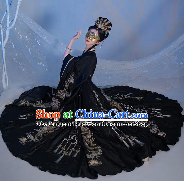Chinese Ancient Goddess Black Costumes Jin Dynasty Palace Princess Hanfu Garment Embroidered Cape Blouse and Skirt Complete Set