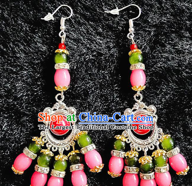 Chinese Traditional Zang Ethnic Pink Beads Earrings Bohemian Ear Accessories Handmade Eardrop Decoration for Women