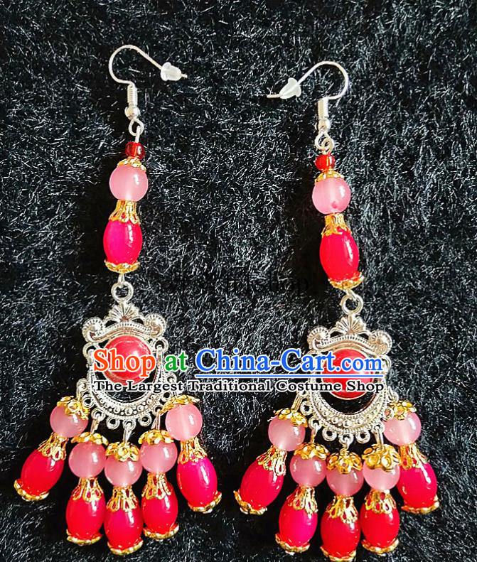 Chinese Traditional Zang Ethnic Red Beads Earrings Bohemian Ear Accessories Handmade Eardrop Decoration for Women