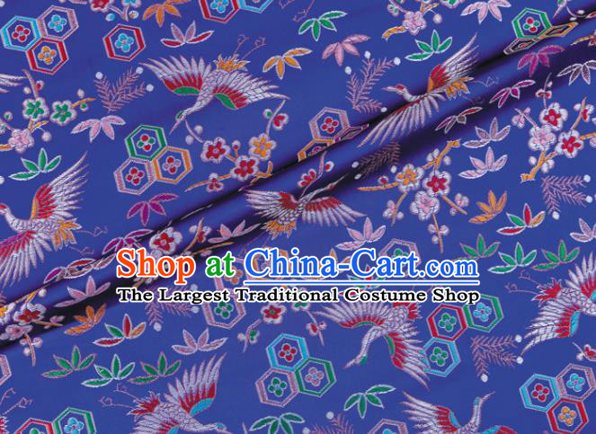 Japanese Traditional Crane Plum Pattern Design Deep Blue Brocade Nishijin Fabric Silk Material Traditional Asian Japan Kimono Tapestry Satin