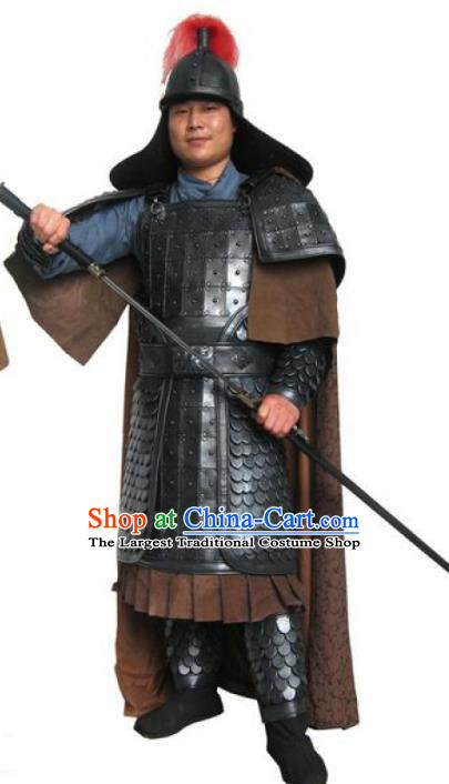 Traditional Chinese Han Dynasty Warrior Black Body Armor Outfits Ancient Film General Armour Costumes and Headwear Full Set