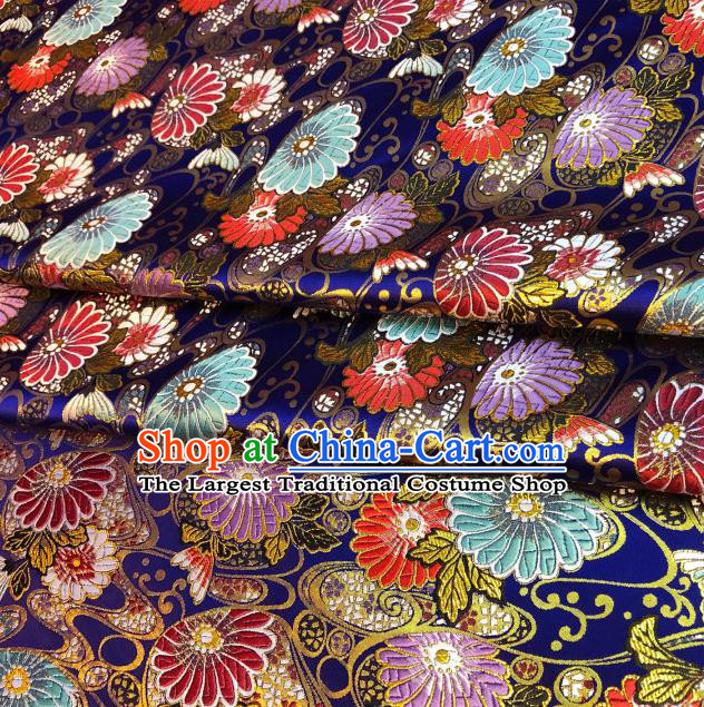 Japanese Traditional Daisy Pattern Design Royalblue Nishijin Brocade Fabric Silk Material Traditional Asian Japan Kimono Satin Tapestry