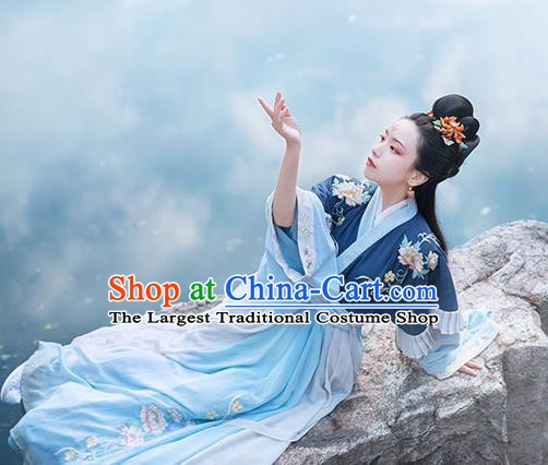 Chinese Ancient Princess Hanfu Garment Costumes Jin Dynasty Palace Lady Blue Half Sleeved Top Blouse and Skirt for Women